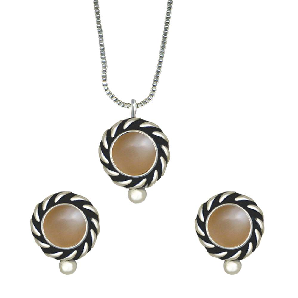 Sterling Silver Petite Necklace Earrings Set Peach Moonstone